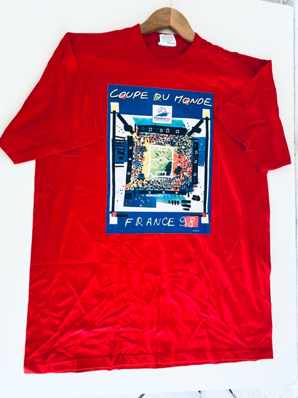 Vintage 90s France Coupe Du Monde World Cup Soccer T-Shirt Red Tee Men's XL FIFA
